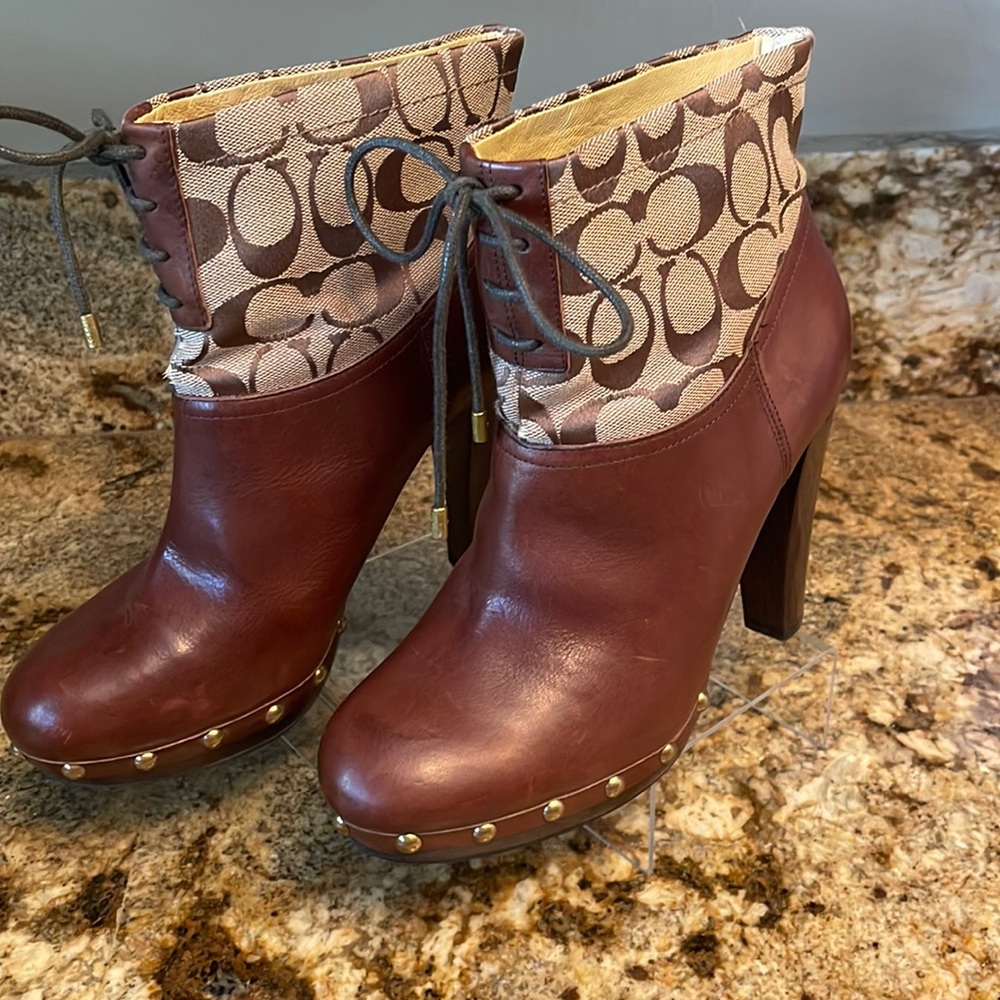 COACH "EDIVA" Brown Leather & Canvas Studded Boots Women’s US Size 8